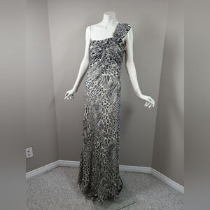 ABS Allen Schwartz Silk One Shoulder Gown Sz 6 Leopard Animal Print Formal